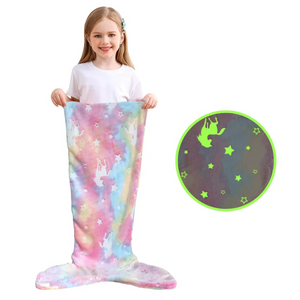Glow-in-the-dark unicorn mermaid tail blanket for girls with rainbow design and soft flannel material
