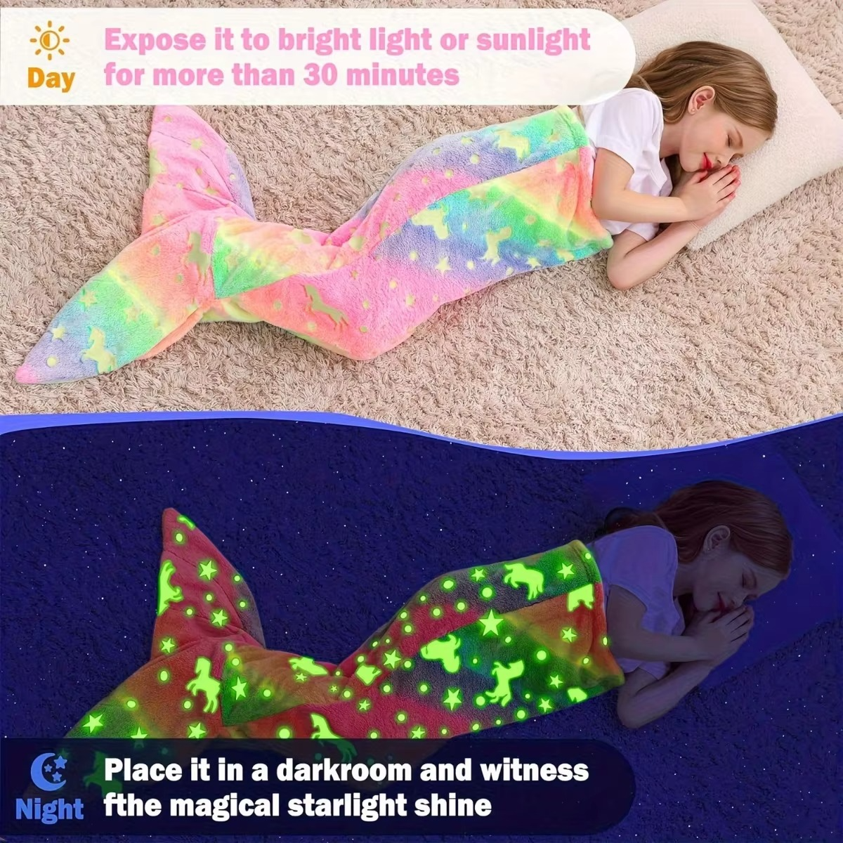 Glow-in-the-dark unicorn mermaid tail blanket for girls with rainbow design and soft flannel material
