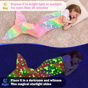 Glow-in-the-dark unicorn mermaid tail blanket for girls with rainbow design and soft flannel material