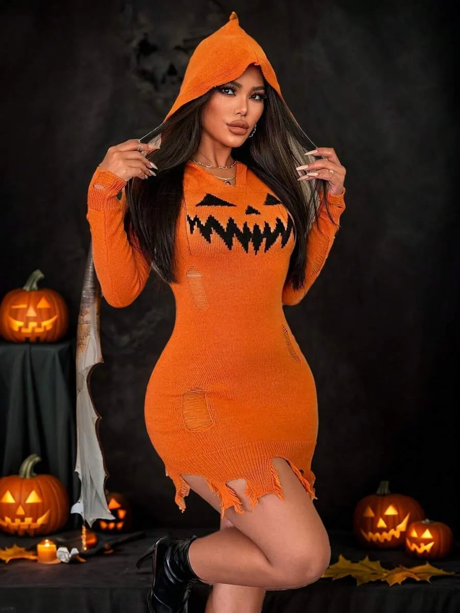 Pumpkin Queen Distressed Knit Hooded Dress (3 Colors)