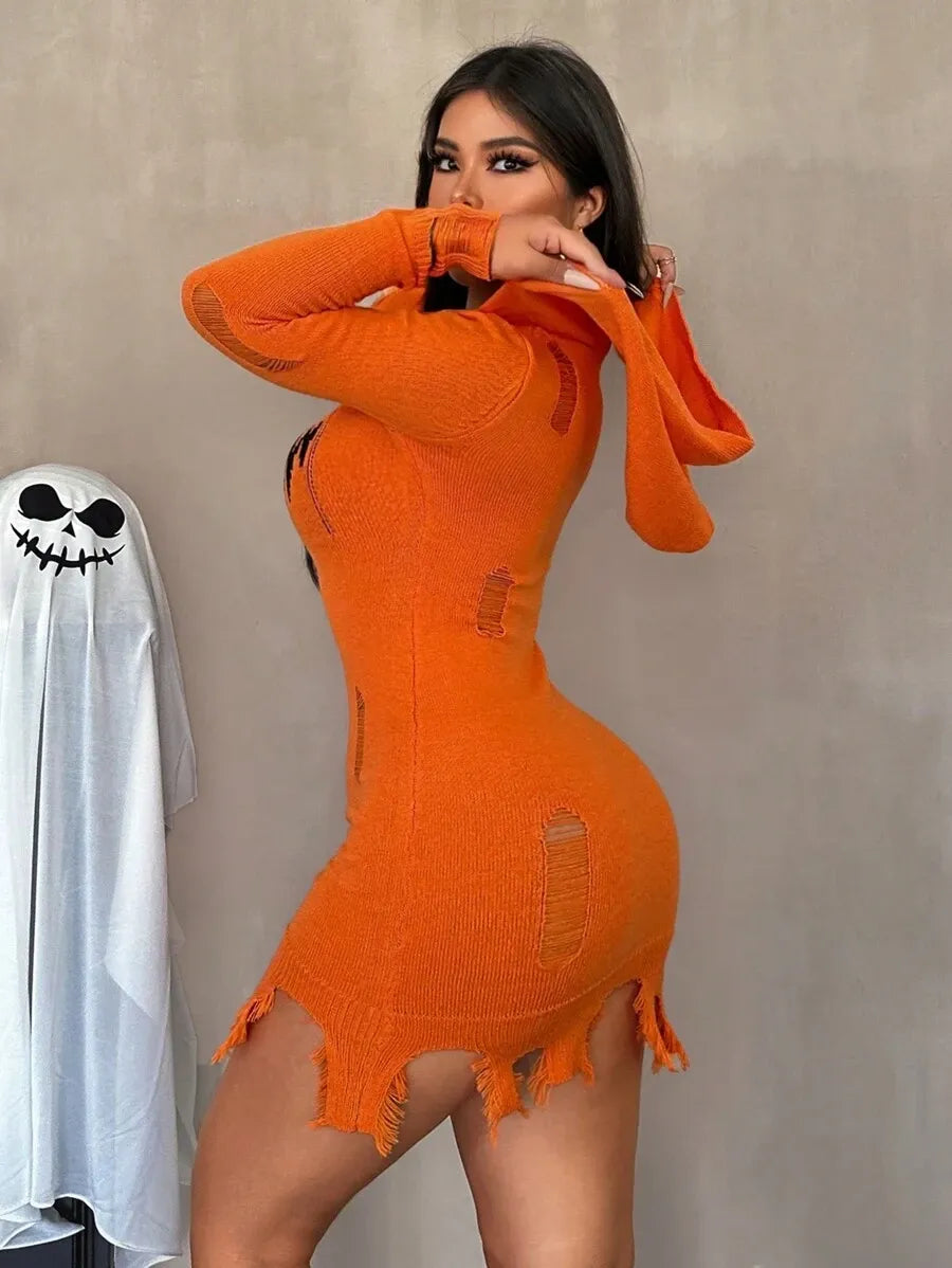 Pumpkin Queen Distressed Knit Hooded Dress (3 Colors)