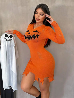 Pumpkin Queen Distressed Knit Hooded Dress (3 Colors)