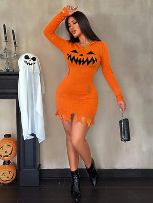 Pumpkin Queen Distressed Knit Hooded Dress (3 Colors)