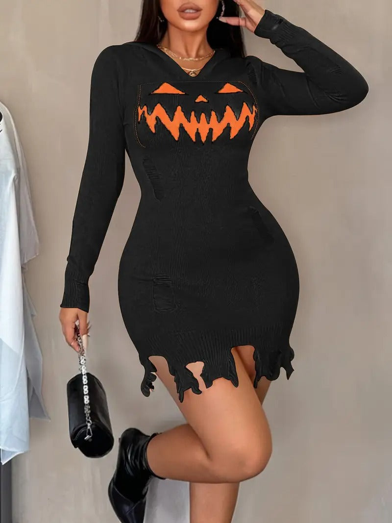 Pumpkin Queen Distressed Knit Hooded Dress (3 Colors)