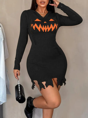 Pumpkin Queen Distressed Knit Hooded Dress (3 Colors)