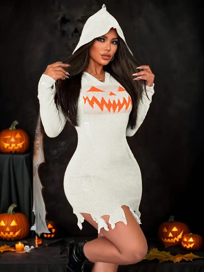 Pumpkin Queen Distressed Knit Hooded Dress (3 Colors)
