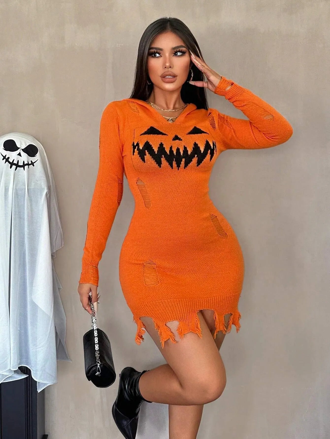 Pumpkin Queen Distressed Knit Hooded Dress (3 Colors)