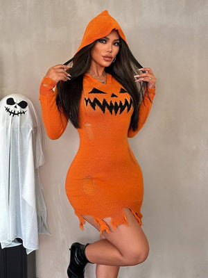Pumpkin Queen Distressed Knit Hooded Dress (3 Colors)