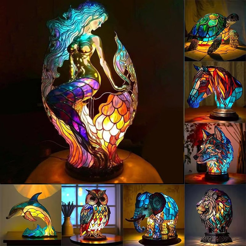 Mermaid Stained Glass Style Animal Lamp (12 Options) Turtle Owl Lion