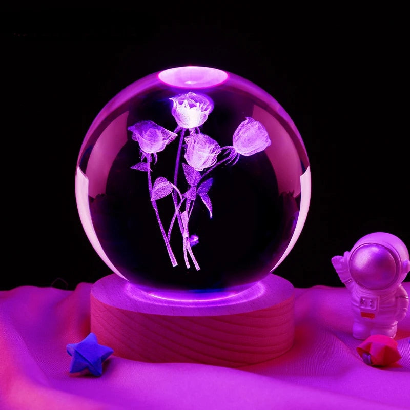 3D Rose Crystal Ball Lamp Laser Engraved Night Light