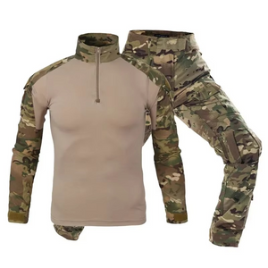 Full tactical camouflage clothing set with shirt, pants, gloves, cap, and protective pads for airsoft, hunting, and outdoor sports