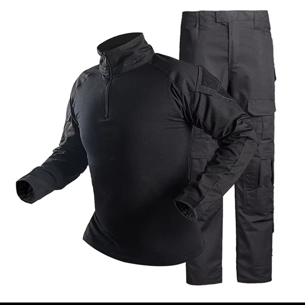 Full tactical camouflage clothing set with shirt, pants, gloves, cap, and protective pads for airsoft, hunting, and outdoor sports
