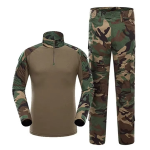 Full tactical camouflage clothing set with shirt, pants, gloves, cap, and protective pads for airsoft, hunting, and outdoor sports