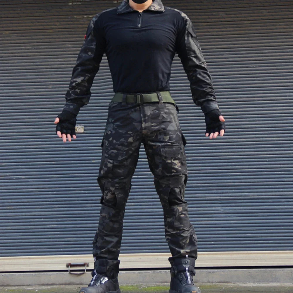Full tactical camouflage clothing set with shirt, pants, gloves, cap, and protective pads for airsoft, hunting, and outdoor sports