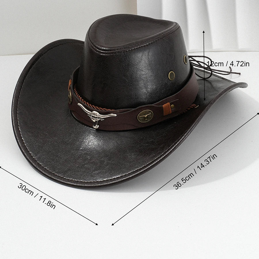 Vintage faux leather cowboy hat with curved brim and western style for men and women