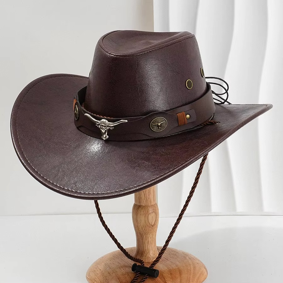 Vintage faux leather cowboy hat with curved brim and western style for men and women