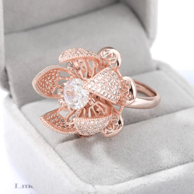 Blooming Flower Rose Crystal Adjustable Ring (3 Colors)