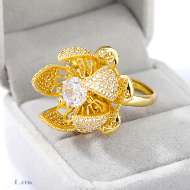 Blooming Flower Rose Crystal Adjustable Ring (3 Colors)