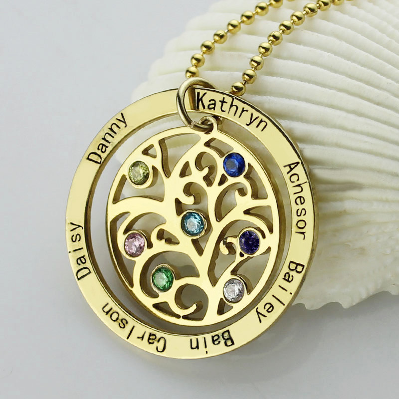 925 Sterling Silver Custom Name Family Tree Necklace With Birthstones (Variant 1)