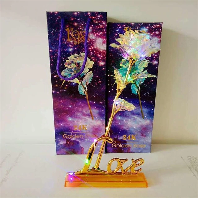 Upgraded 24k "Galaxy" Gold Rose "Love You For Life" Love Light Up With Display Stand