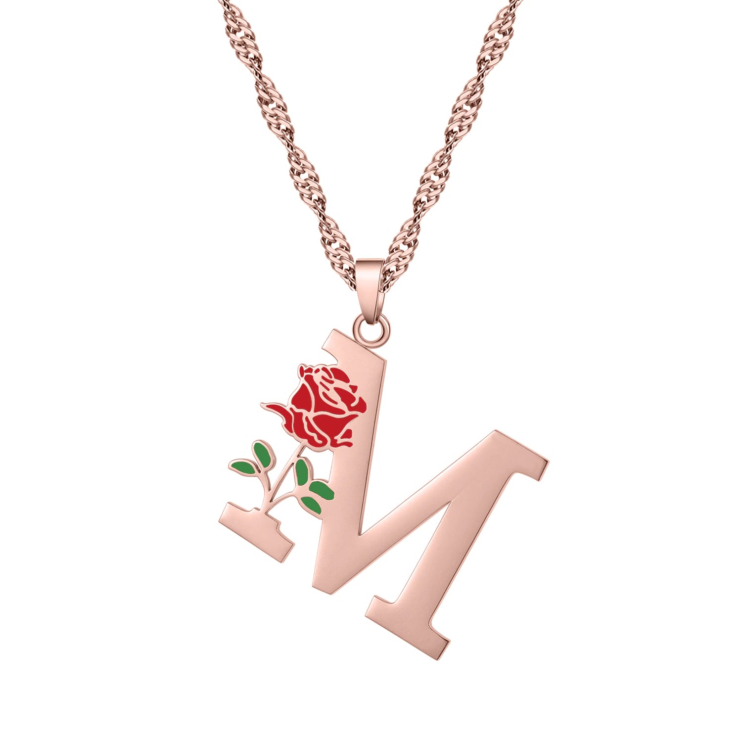 Custom Initial Letter Birth Flower Pendant Necklace (3 Colors) A-Z