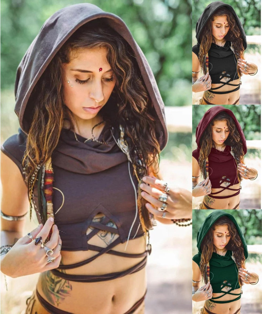 Elf Huntress Assassin Renaissance Crop Top Bandage Hooded Vest (4 Colors) XL-5XL Best Gift Shoppers Brown, Red, Dark Gray, Black