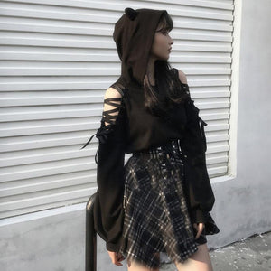 Gothic Drawstring Lace Cat Ears Hoodie Sweatshirt (4 Styles) S-XL