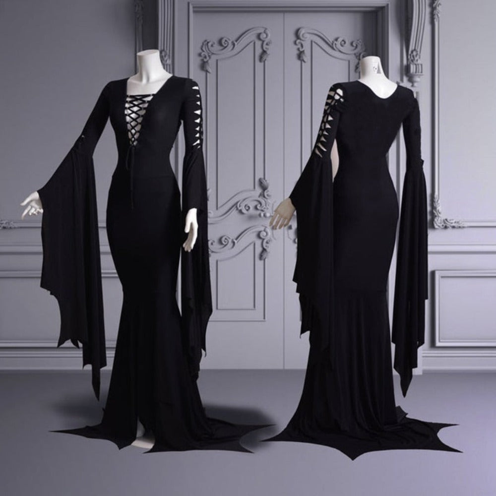 Halloween Morticia Addams Dress Goth Lace Up Long Witch Black Gown Robe