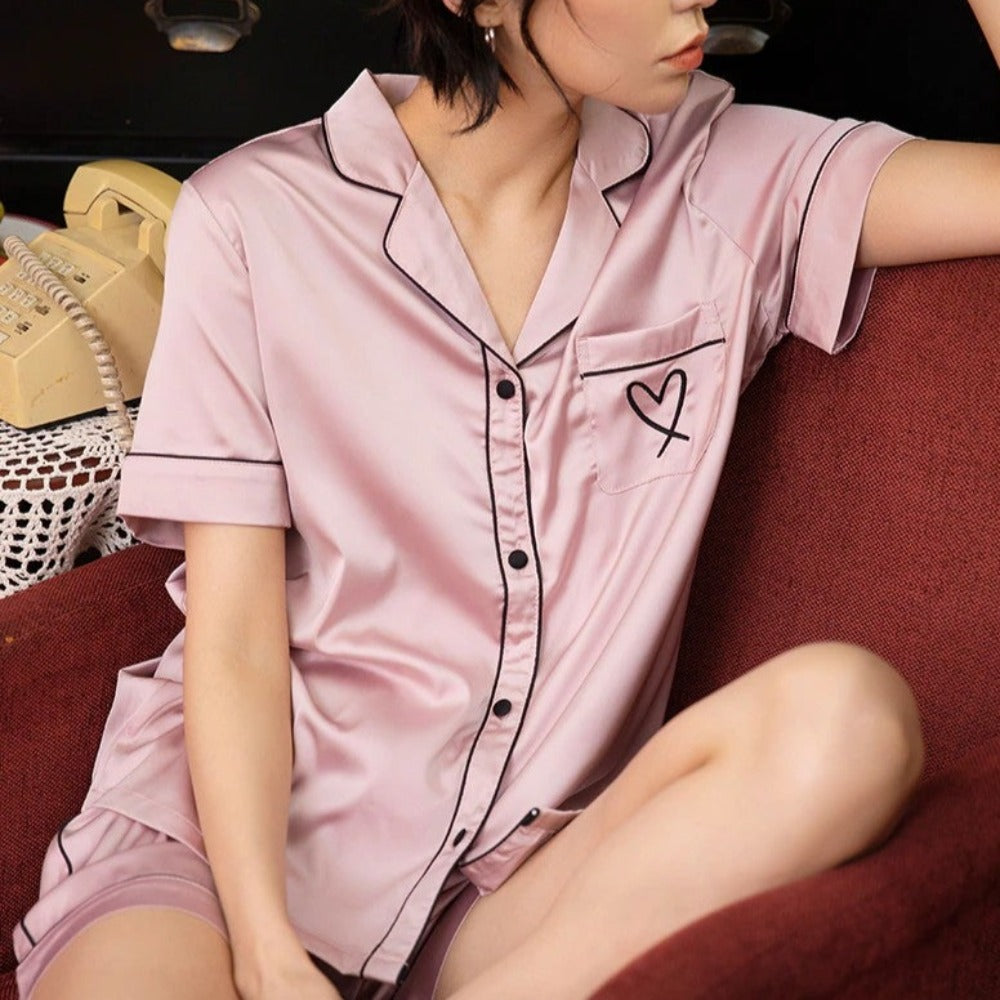 Heart Short Sleeve Silk Satin Pajama Set (4 Colors) M-XL