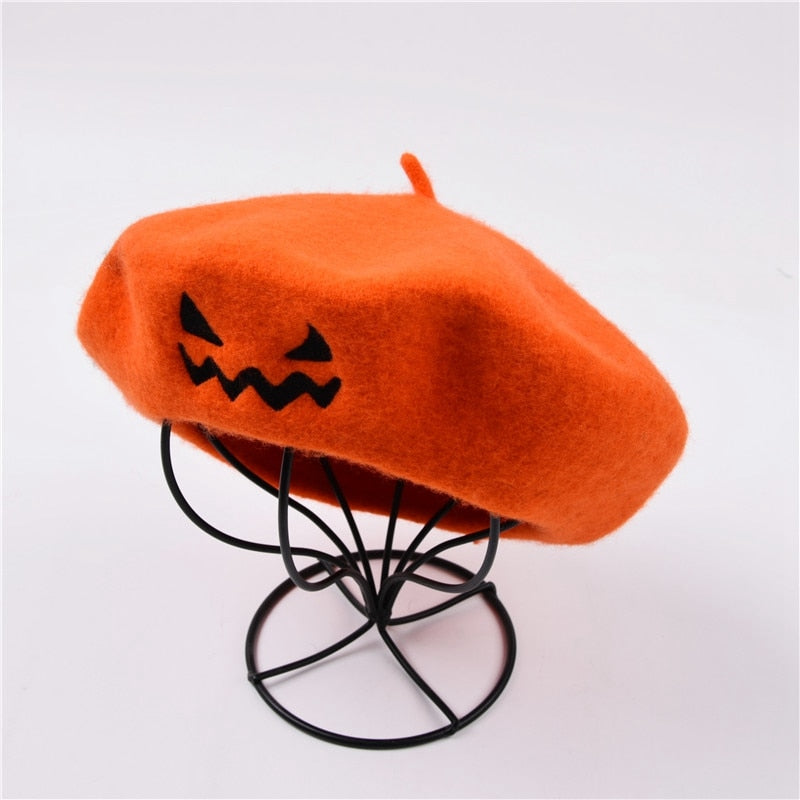 Felt Halloween Beret Pumpkin Hat (One Size Fits Most)
