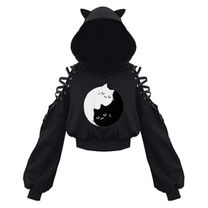 Gothic Drawstring Lace Cat Ears Hoodie Sweatshirt (4 Styles) S-XL