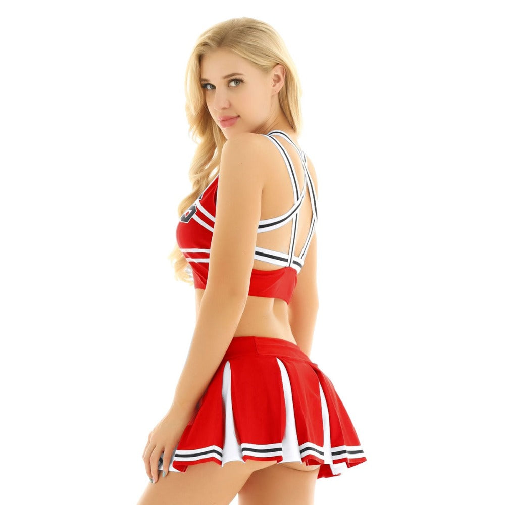 Cheerleader Crop Top Skirt Lingerie Costume Set (6 Colors) S-2XL