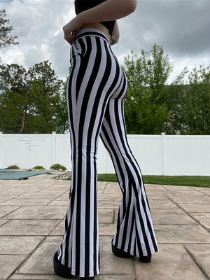 White Striped High Waist Flare Trousers Pants (Size S-XL)