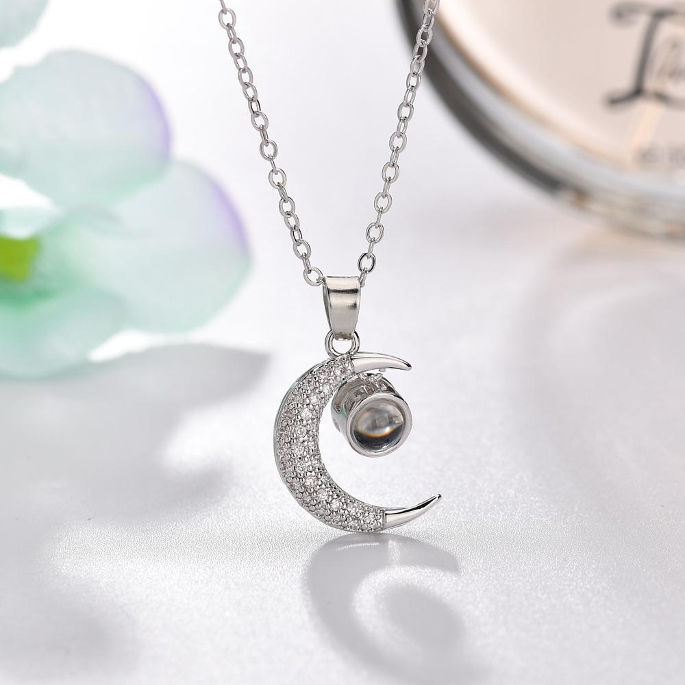 "I Love You" Forever (Crescent Moon) 100 Language Micro Projection Necklace