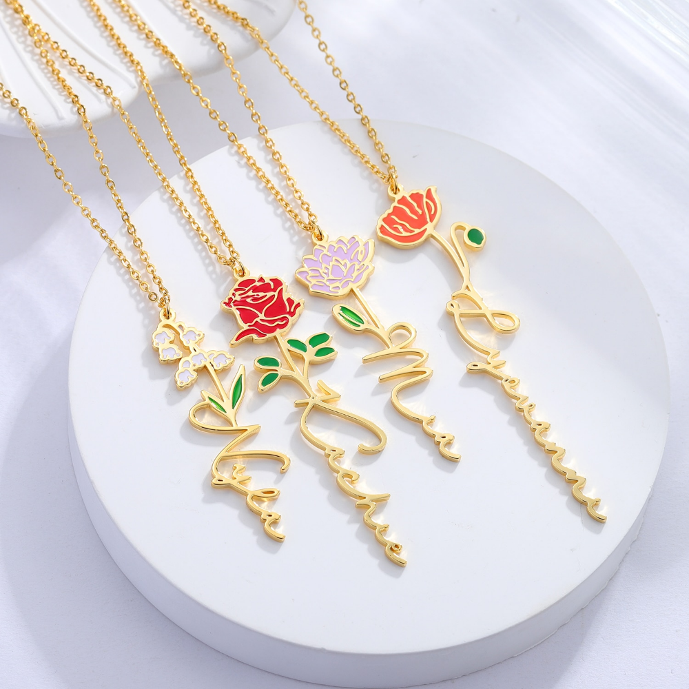*Custom 2-4 weeks to make* Name Birth Flower Necklace (3 Colors)