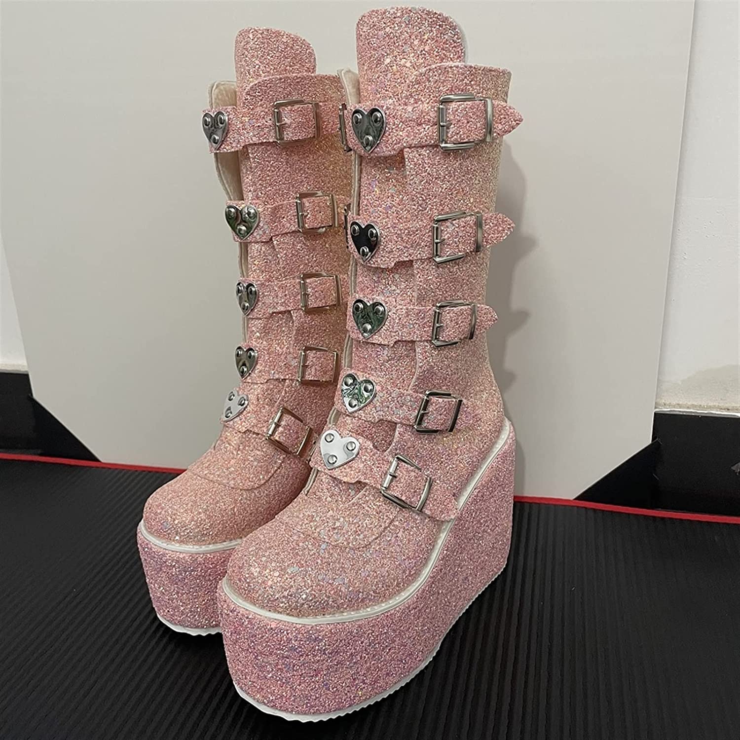 Buckle Strap Glitter High Heel Chunky Platform Boots (4 Colors) 9 Sizes