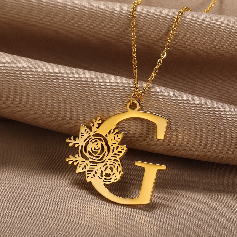 Personalized Rose Initial Letter Pendant Necklace (3 Colors) A-Z