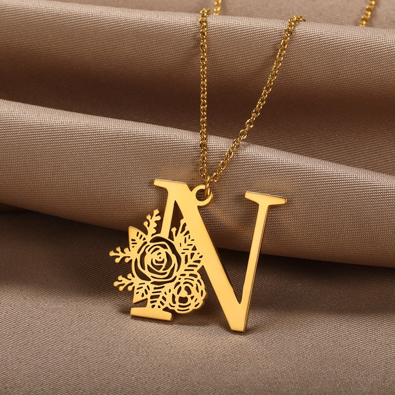 Personalized Rose Initial Letter Pendant Necklace (3 Colors) A-Z