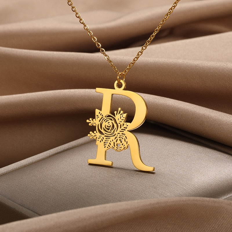 Personalized Rose Initial Letter Pendant Necklace (3 Colors) A-Z