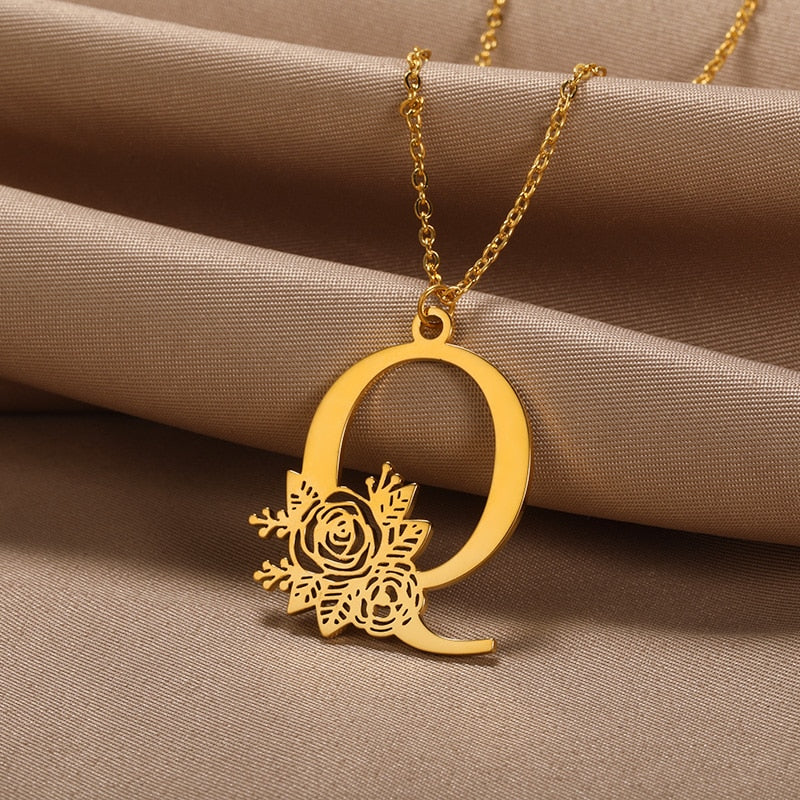 Personalized Rose Initial Letter Pendant Necklace (3 Colors) A-Z
