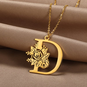 Personalized Rose Initial Letter Pendant Necklace (3 Colors) A-Z
