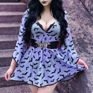 Gothic Printed Bat V-Neck Fairy Dress (2 Colors) S-2X