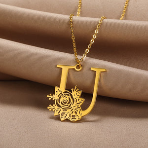 Personalized Rose Initial Letter Pendant Necklace (3 Colors) A-Z