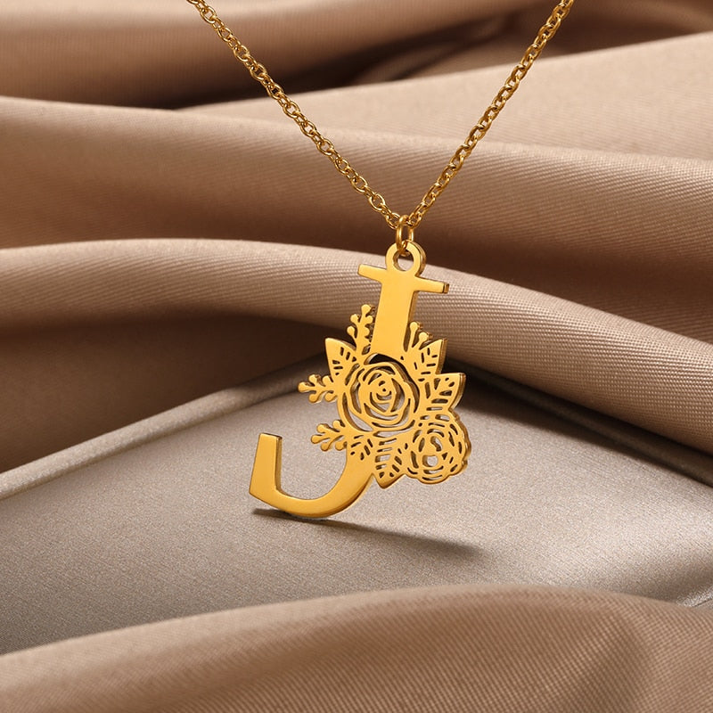 Personalized Rose Initial Letter Pendant Necklace (3 Colors) A-Z