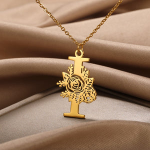 Personalized Rose Initial Letter Pendant Necklace (3 Colors) A-Z