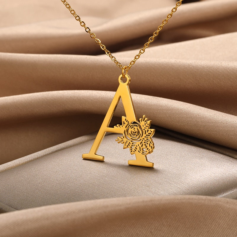 Personalized Rose Initial Letter Pendant Necklace (3 Colors) A-Z