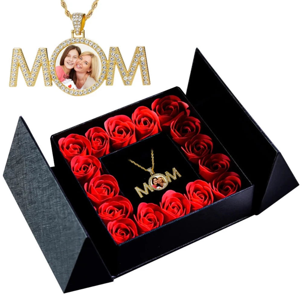 Custom Photo Mom Necklace & Flowers Gift Set (10 Style) 2 Colors