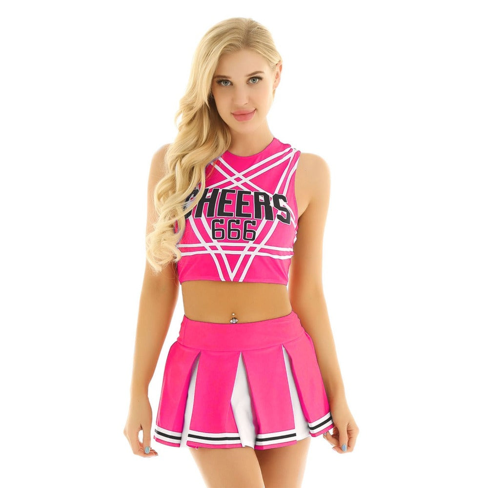 Cheerleader Crop Top Skirt Lingerie Costume Set (6 Colors) S-2XL