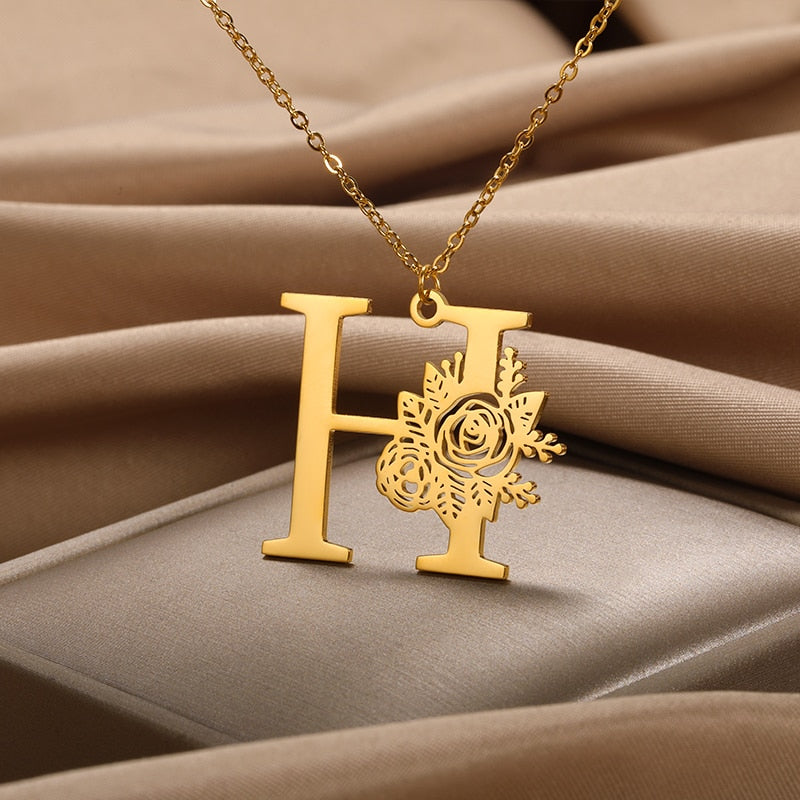 Personalized Rose Initial Letter Pendant Necklace (3 Colors) A-Z