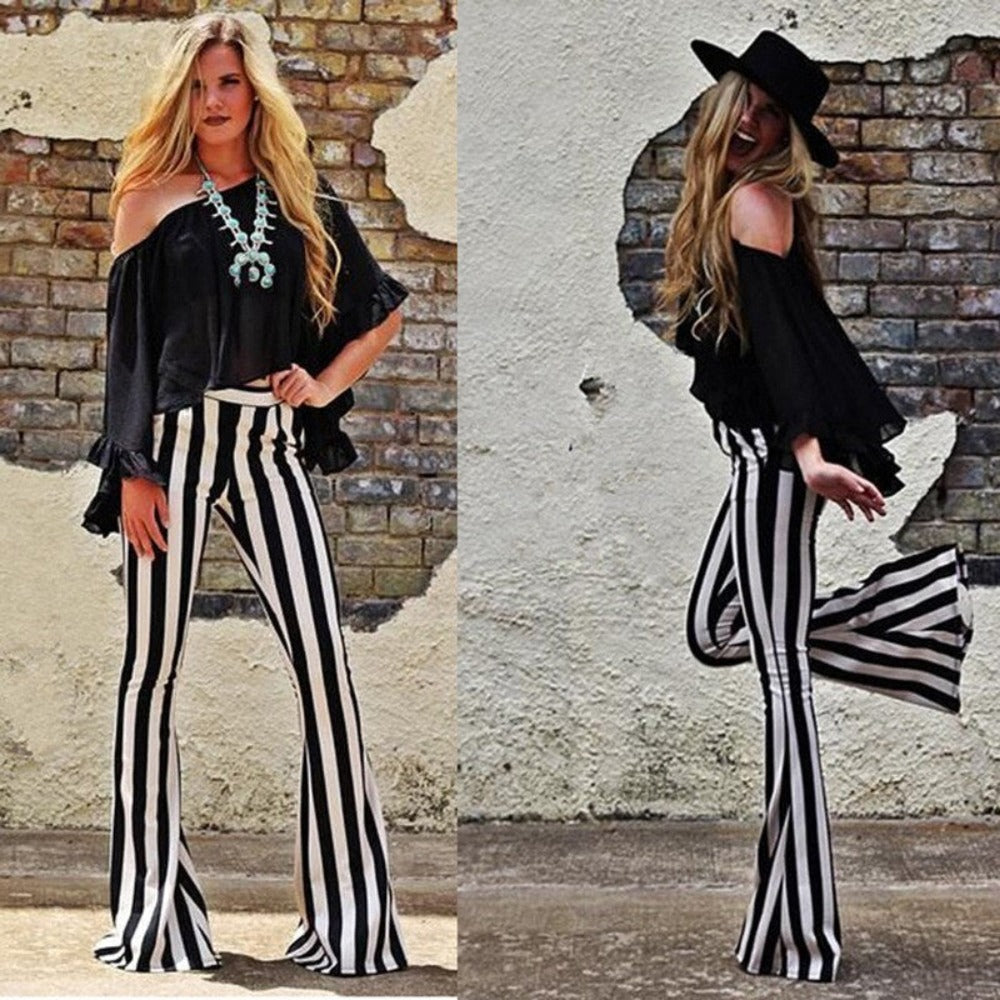 White Striped High Waist Flare Trousers Pants (Size S-XL)